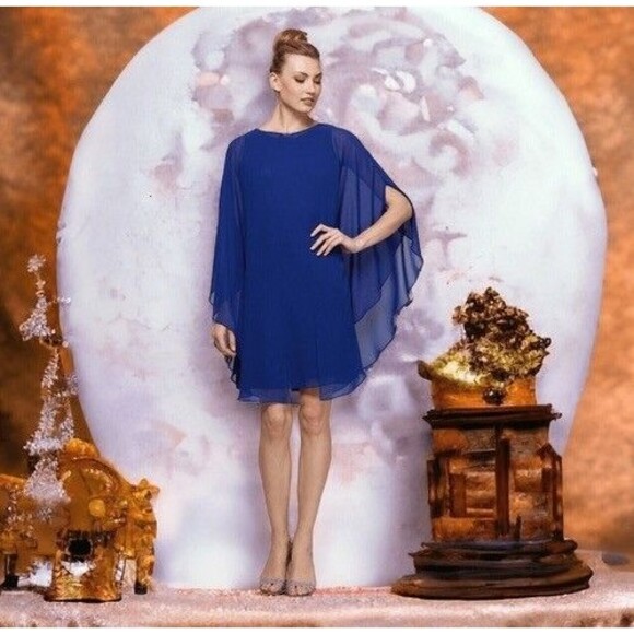 NWT SLNY Cape-Like Sleeve Knee Length Evening Shift Dress Women Size 4 Purple - Picture 11 of 12